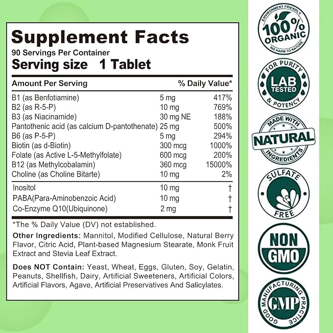 Sugar Free Vitamin B Complex with Methyl B12, MethylFolate, B6, B1, B2, B3, Fast Dissolve Highly Bioavailable Methylated B Complex Supplement for Energy Levels, Neural System, Vegan,180 Tablets