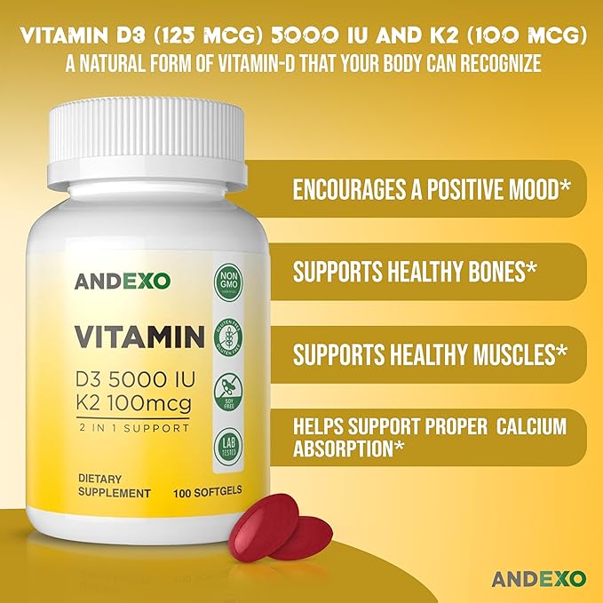 Vitamin D3 5000 IU with K2 100 mcg, 100 Soft-Gels for Healthy Muscle Function, 2 in 1 Support Immune, Optimal Calcium Absorption. Non-GMO, Gluten-Free, Soy-Free, Dairy-Free.