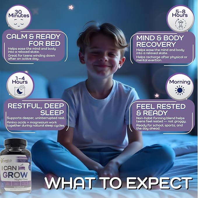 I Can Grow Night-Time Sleep Support for Kids 10+ & Teens | Magnesium Bisglycinate + GABA + L-Theanine | Non-Habit Forming | No Melatonin | Natural Calm & Recovery Formula | Vitaminas para Niños