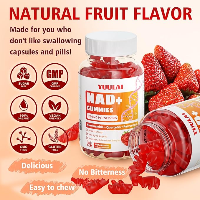 Pack of 2 NAD+ Gummies, NAD Supplement for Women - NAD Nicotinamide Riboside Resveratrol 1000MG, NAD+ Plus Supplement Gummies for Anti-Aging, Cell Regeneration & Energy, Strawberry, 120 Count
