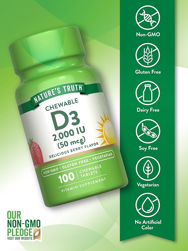Nature's Truth Chewable Vitamin D3 2,000 IU | 100 Tablets | Berry Flavor | Vegetarian, Non-GMO, & Gluten Free Supplement