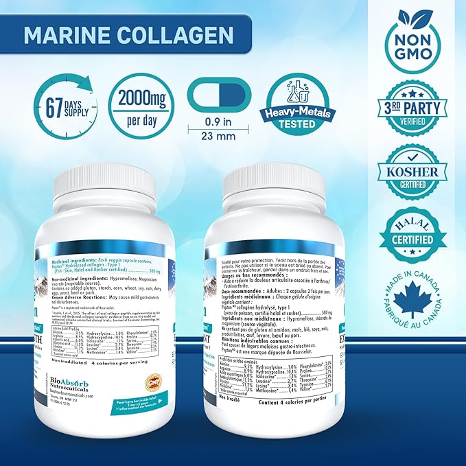 Bio Absorb Marine Collagen Capsules, Mercury Free, No Fish Aftertaste, 67-Day Supply of Hydrolyzed Marine Collagen Powder, Type 1 Marine Collagen Peptides (270 Pills of Fish Collagen Powder)