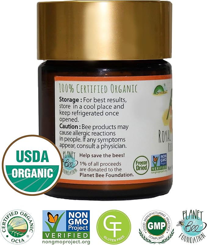 Greenbow Royal Jelly Powder– 100% USDA Certified Organic Royal Jelly, Non-GMO, Gluten Free Royal Jelly, Freeze Dried – One of The Most Nutrition Packed –No Additives/Flavors (42g)