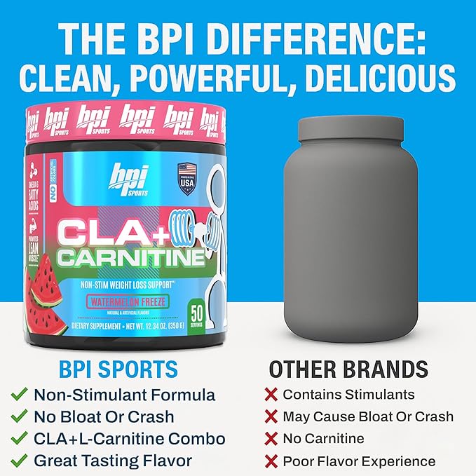 BPI Sports CLA+Carnitine–Conjugated Linoleic Acid–Weight Loss Formula –Metabolism, Performance, Lean Muscle–Caffeine Free–For Men & Women–Watermelon Freeze–50 servings – 12.34 oz.(Packaging May Vary)