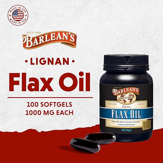 Barlean's Lignan Flaxseed Oil Softgels, Cold-Pressed Flax Seed Supplement with 1,550 mg ALA Omega-3 Fatty Acids, 1000mg, 100 ct