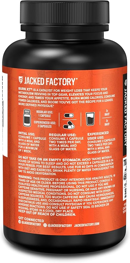 Jacked Factory Burn-XT Clinically Studied Fat Burner & Weight Loss Supplement - Appetite Suppressant & Energy Booster - with Acetyl L-Carnitine, Green Tea Extract and More - 60 Natural Diet Pills