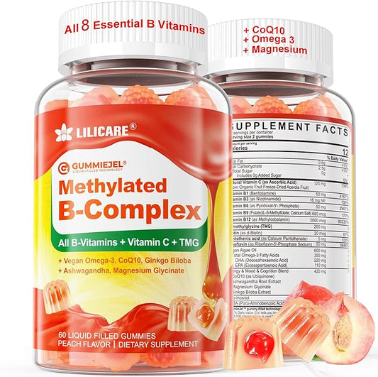 Women's & Men's Super Vitamin B Complex Gummies, Methylated w/ Omega 3, Magnesium, CoQ10, Ashwagandha,Vitamin C, TMG- All B Vitamins- Methyl B12 2000 mcg, Methylfolate(B9),B1,B2,B3,B5,B6,B7- 1Pack