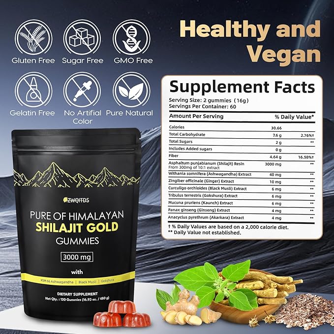 Shilajit Gummies with Ashwagandha & Turmeric - The Ultimate Organic, Vegan-Friendly Health Boost! Zero Sugar, Immunity Support for Men & Women - 120 Count! (Bag Pack)