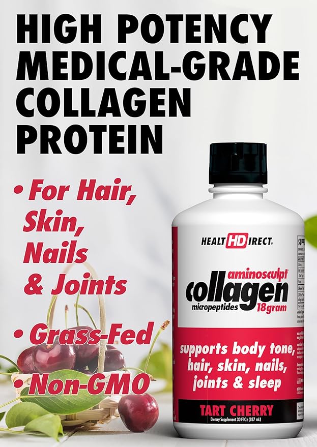 HEALTH DIRECT AminoSculpt Sugar-Free Collagen Supplement - High Potency Medical-Grade Protein for Hair, Skin, Nails & Joints, Grass-Fed, Non-GMO, Liquid Collagen - Tart Cherry - 30 Fl Oz