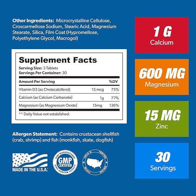Calcium Magnesium Zinc + D3 Supplement - Essential Mineral Blend for Bone Health and Immune Support 30 Servings