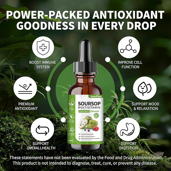 Organic Soursop Bitters Liquid Drops with Vitamin B6, C, D3 Soursop Multivitamin Liquid for Gut Detox Bone Health & Immune Boost Daily Health Support Gluten-Free Vegan & Organic - 4 Fl Oz, 120 ml