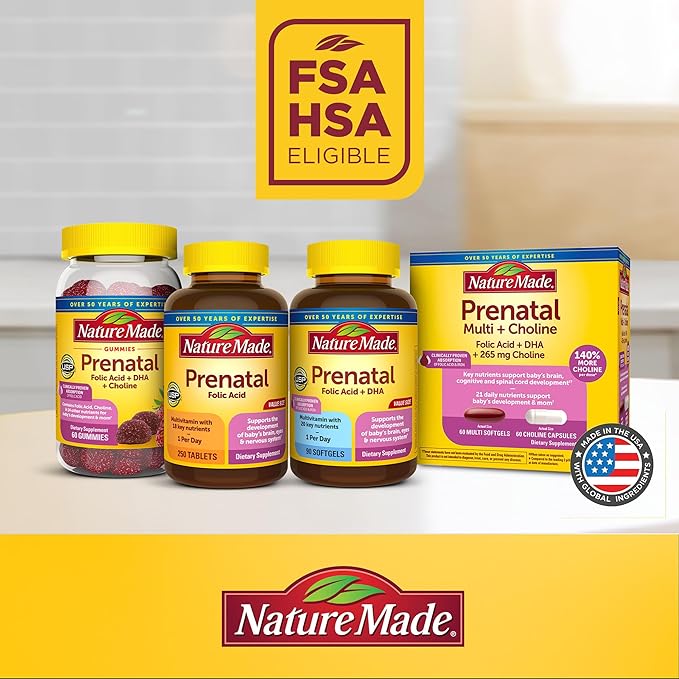 Nature Made Prenatal with Folic Acid + DHA, Prenatal Vitamin and Mineral Supplement for Daily Nutritional Support, 60 Softgels, 60 Day Supply