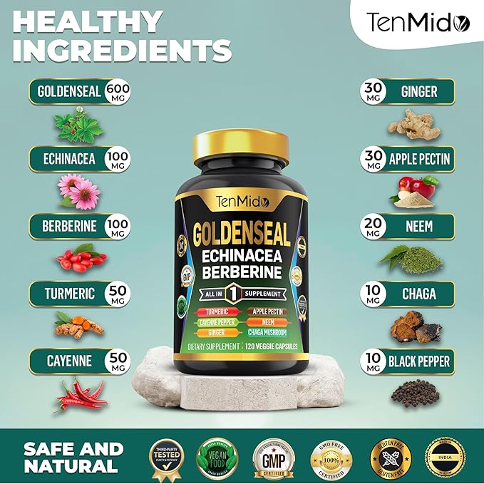 Goldenseal Root Supplement - 10in1 Formula - Combine with Echinacea, Berberine, Turmeric, Cayenne Pepper, Ginger, Apple Pectin, Neem, & More - Digestive Health Support - 120 Capsules