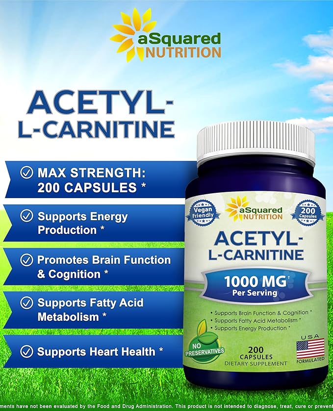 aSquared Nutrition Acetyl L-Carnitine 1000mg Max Strength - 200 Veggie Capsules - High Dosage Acetyl L Carnitine HCL (ALCAR) Supplement Pills to Support Pure Energy, Brain Function & Fatty Acid