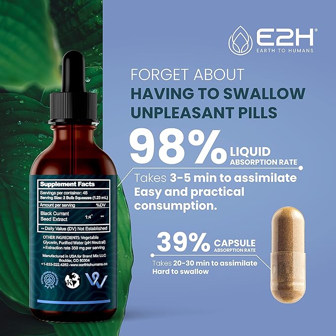 E2H Natural Black Currant Extract, Cold Pressed Black Currant Seed - Immune System Health - Fast Absorbing Liquid (2 Bottles)