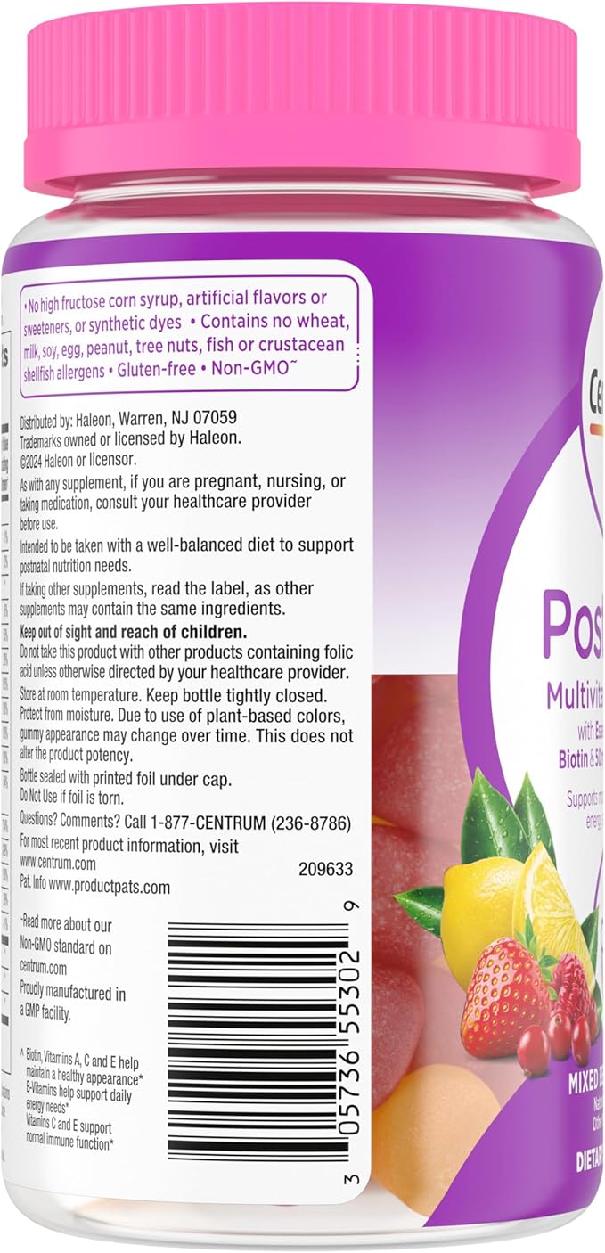 Centrum Postnatal Multivitamin Gummies with Biotin and DHA, Mixed Berry and Lemon Flavors - 60 Count, 30 Day Supply