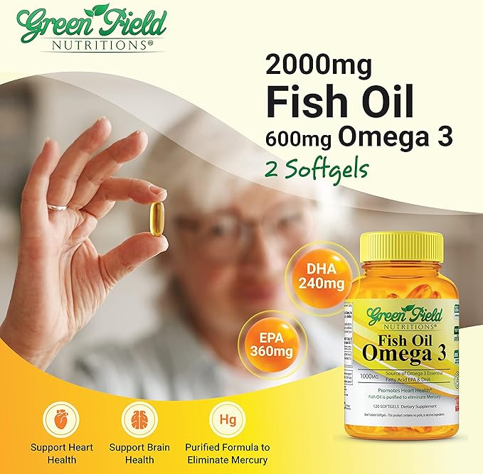 Greenfield Nutritions Halal Fish Oil 1000mg, 300mg Halal Omega 3, Small Wild Peruvian Fish Oil Halal Vitamins, EPA 180mg & DHA 120mg, Non-GMO, Gluten Free, Support Brain & Heart Health, 120 Pills