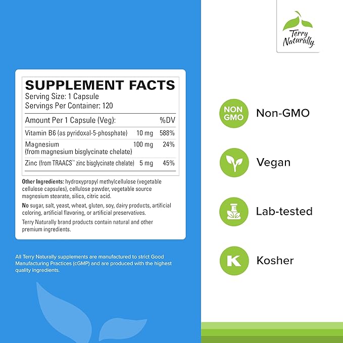 Terry Naturally BioActive Magnesium Complex - Bone & Heart Health Support - Supplement with Vitamin B6, Zinc & Magnesium - Pyridoxal-5-Phosphate Vegan Capsule Supplement - 120 Capsules