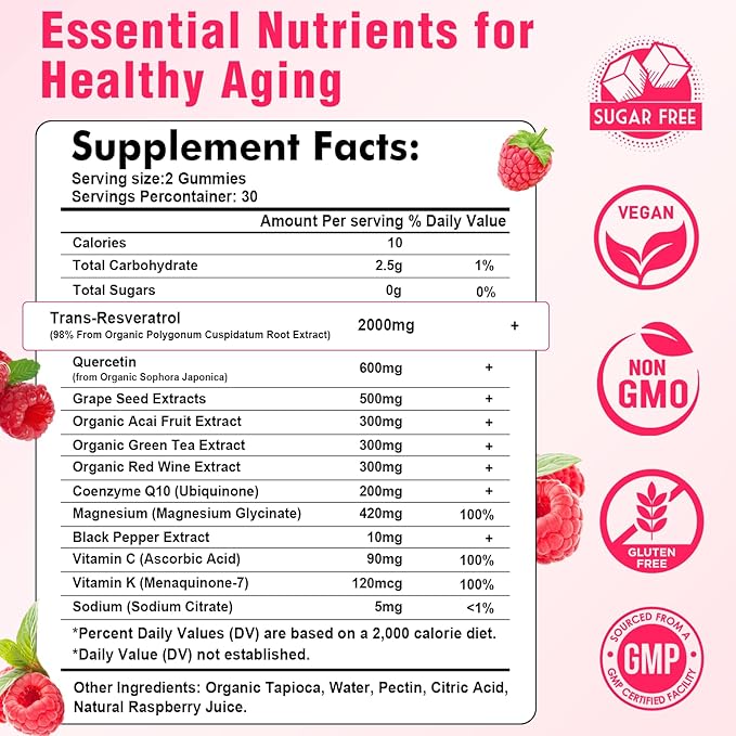 2000mg Organic Resveratrol Gummies for Women - Sugar Free Resveratrol-Nutritional-Supplements for Antioxidant Support, Cellular Health, Immunity, Brain & Energy, Raspberry Flavor, 120 Count