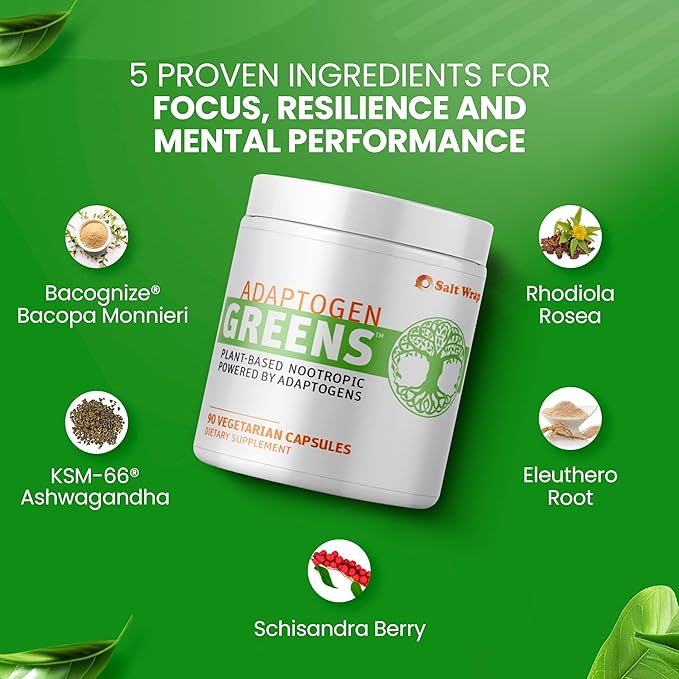 SaltWrap Adaptogen Greens - Mind-Body Resilience Formula - Caffeine-Free Nootropic for Stress, Focus, and Cognitive Performance - 90 Capsules
