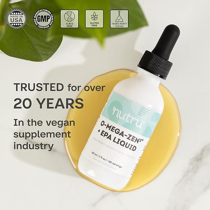 O-Mega-Zen3 +EPA Vegan Omega 3 DHA EPA Liquid Supplement - Algal Omega3 Essential Fatty Acids - 2 Fl Oz