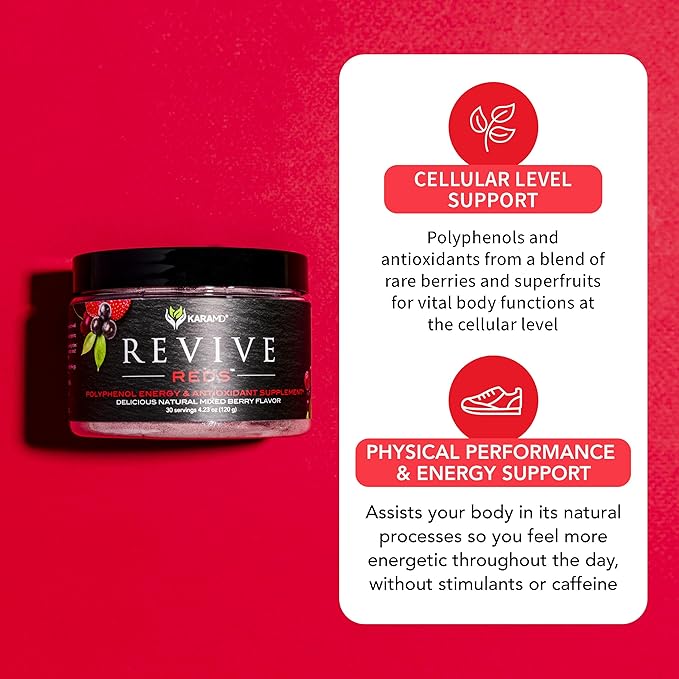 KaraMD Revive Reds | Delicious Polyphenol Energy Booster Supplement | Vegan Friendly, Gluten Free & Non-GMO Superfood Powder | Antioxidants, Shilajit & Enzymes (30 Concentrated Servings)