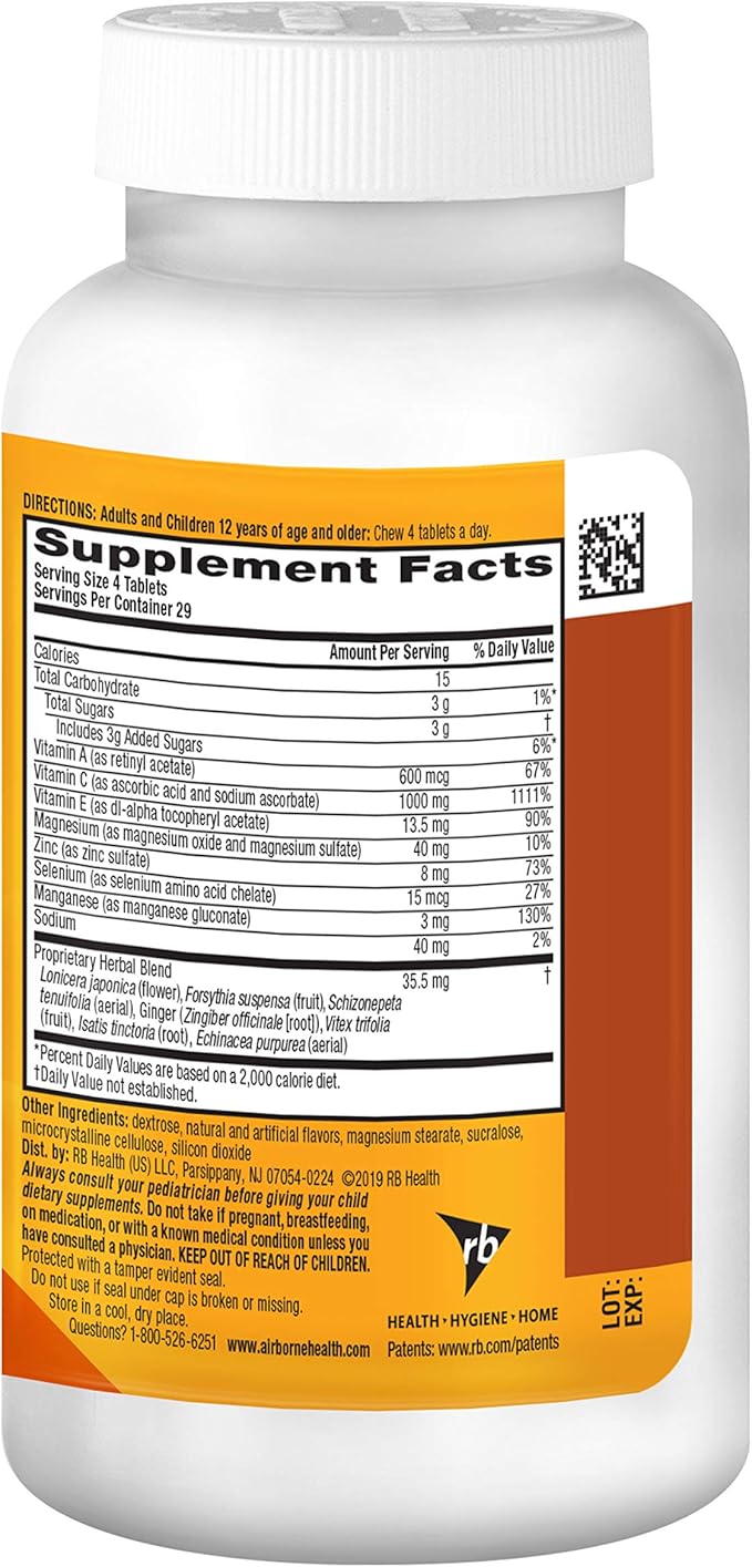 Airborne Vitamin C 1000mg (per Serving) - Citrus Chewable Tablets (116 Count in a Bottle), Gluten-Free Immune Support Supplement, with Vitamins A C E, Zinc, Selenium, Echinacea, Ginger, Antioxidants