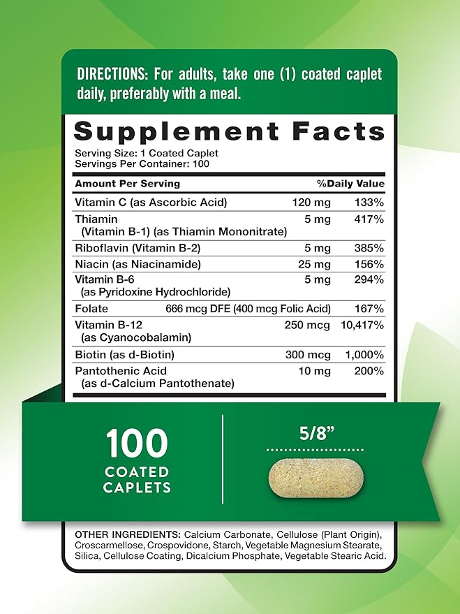 Nature's Truth Vitamin B Complex Plus Vitamin C | 100 Caplets | Vegan, Non-GMO & Gluten Free Supplement