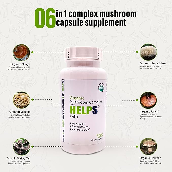 Organic Mushroom Complex Capsules | 6-in-1 Mushrooms Supplement | Brain Health, Immune Support System, Memory & Energy | 1000mg Cordyceps, Chaga, Lion’s Mane, Reishi, Shiitake & Turkey Tail Extract