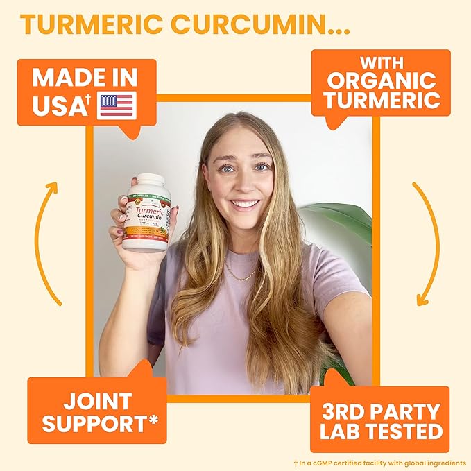Turmeric Curcumin with Black Pepper Extract - Organic Powder 200 Capsules - 1965mg Extra Strength Joint Support Supplement, High Absorption, BioPerine Complex, High Potency, Vegan Pills, Made in USA