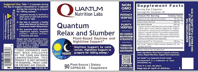 QNL Quantum Relax & Slumber - Organic, Natural Sleep Supplement for Adults - Sleep Support Supplement with Magnesium, Valerian Root, Lavender, Turmeric & More - 60 Vegetarian Capsules