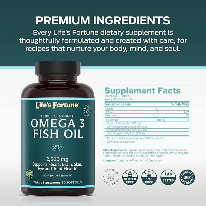Life's Fortune Fish Oil Omega 3 Concentrate Supplement 2500 mg, 120 Softgels, High Potency, EPA & DHA Fatty Acid - Heart, Brain, Skin, Joints - Non GMO