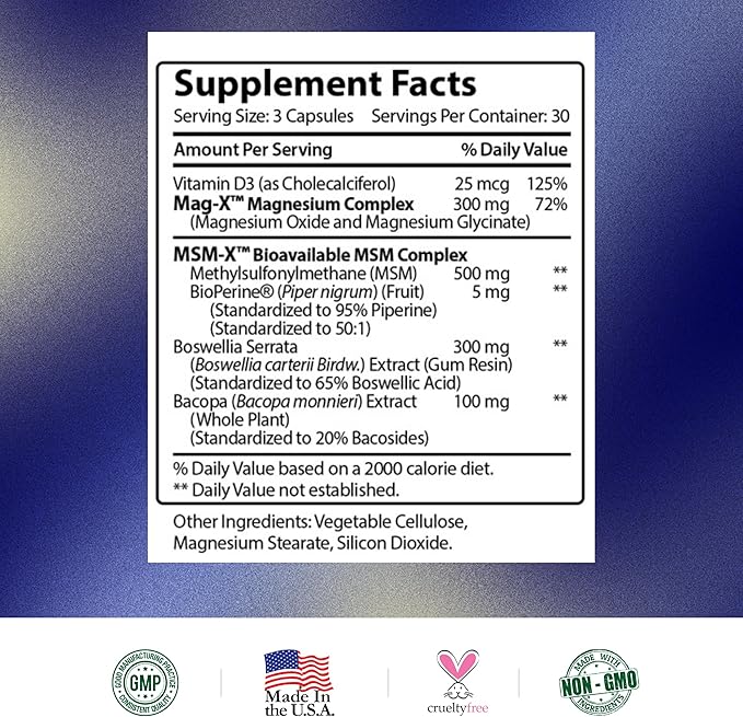 Research Verified Fibro Support - 540 Capsules - MSM, Magnesium, Vitamin D3, BioPerine - 6 Month Supply - Vegan
