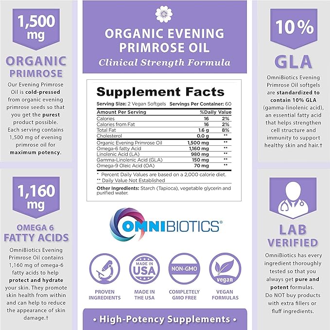 Organic Evening Primrose Oil for Women, Clinical Strength 1500mg per Capsule - 10% GLA, Cold-Pressed, Non-GMO, Hormone Balance for Women, Aceite De Onagra Organico - 120 Vegan Softgel Capsules
