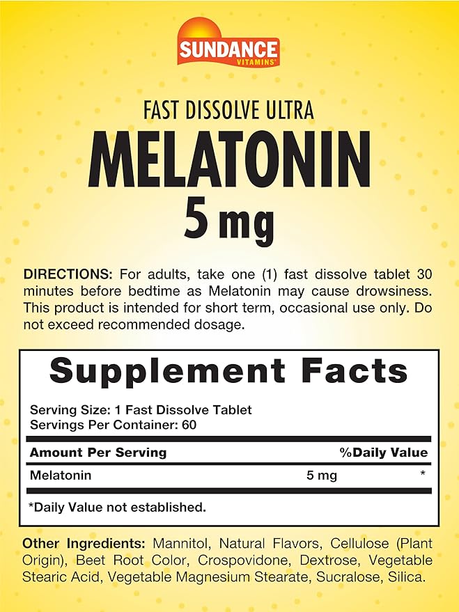 Sundance Melatonin 5mg Fast Dissolve Tablets | 60 Count | Natural Berry Flavor | Vegetarian, Non-GMO, and Gluten Free Supplement