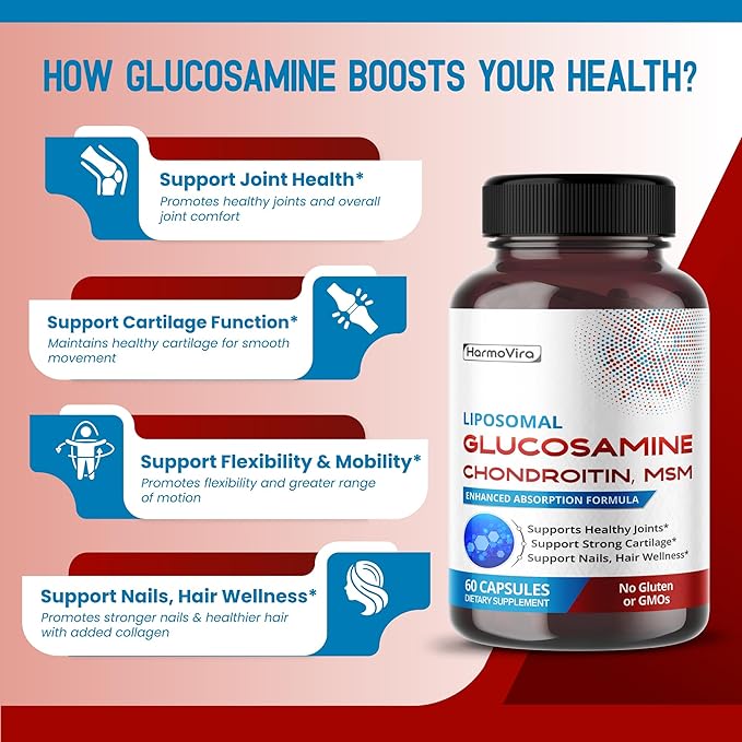 Liposomal GLUCOSAMINE CHONDROITIN, MSM - Support Healthy Joints, Strong Cartilage, Nails, Hair - 120-day Supply - Made in The USA