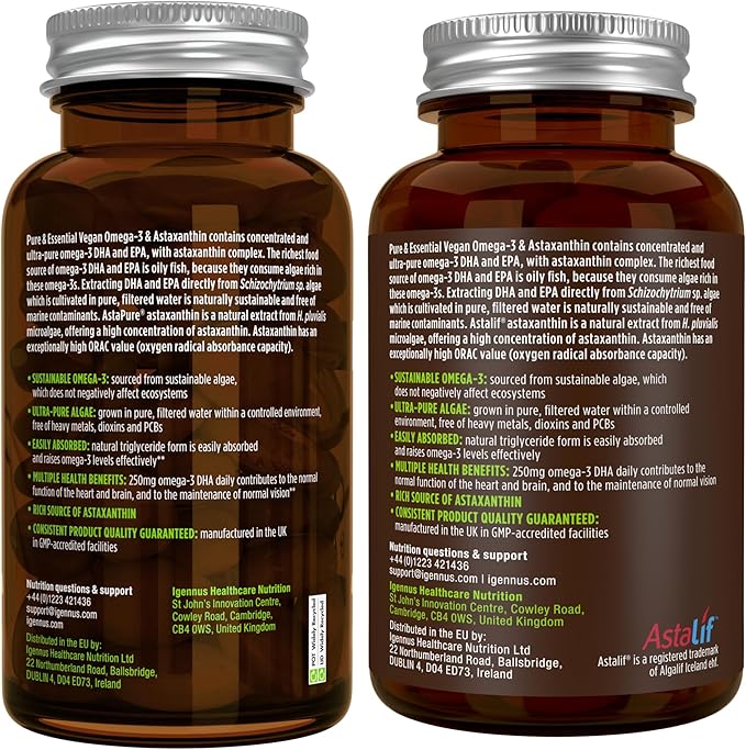 Igennus Vegan Omega-3 Natural Triglyceride Algae Oil, DHA & EPA Fatty Acid Supplement, 180 Small Softgels with Astaxanthin, Easy-to-Swallow, Pure & Sustainable, 90 Servings