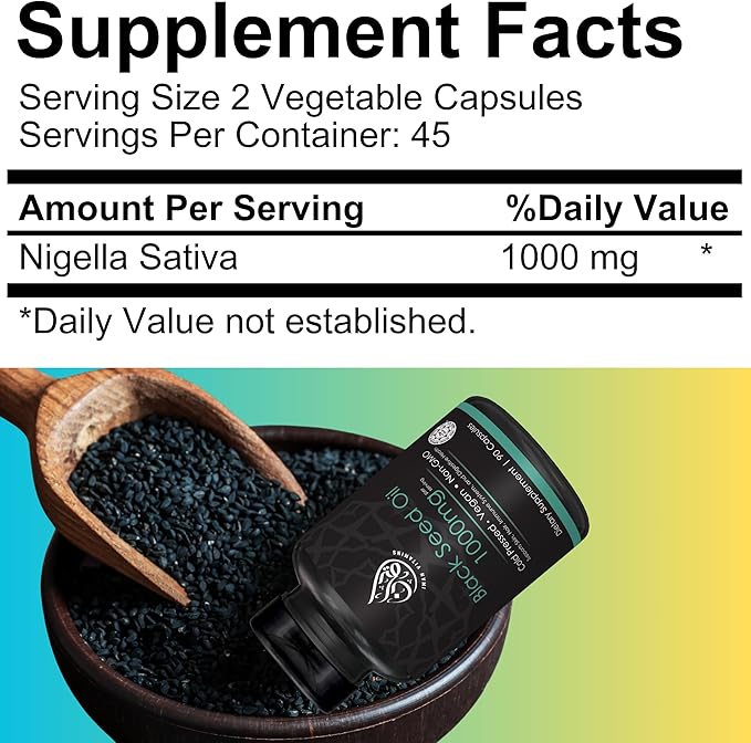 Halal Natural Black Seed Oil Capsules 1000mg Cold Pressed, Vegan, Non-GMO Nigella Sativa Capsules, Gluten Free Pills | 90 Count, 1000mg PS