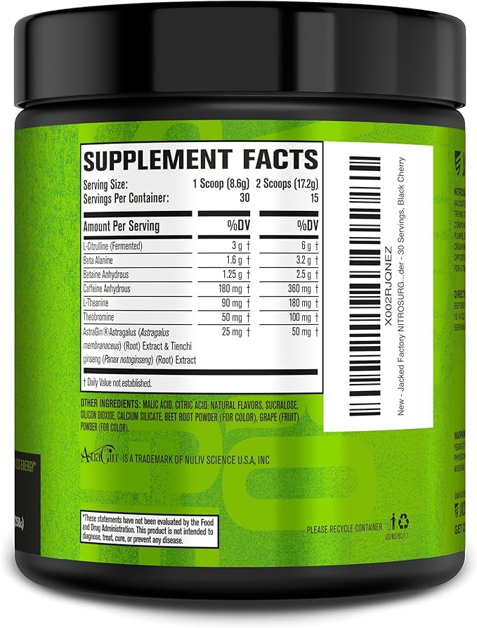 Jacked Factory NITROSURGE Pre Workout Supplement - Endless Energy, Instant Strength Gains, Clear Focus and Intense Pumps - NO Booster & Powerful Preworkout Energy Powder - 30 Servings, Black Cherry