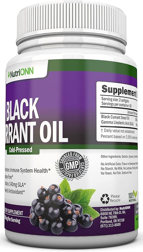 Black Currant Oil - 1000 Mg - 180 Softgels - Cold-Pressed Pure Black Currant Seed Oil - Hexane Free - 140mg GLA Per Serving - Regulates Hormonal Balance - Great for Immune System, Hair and Skin