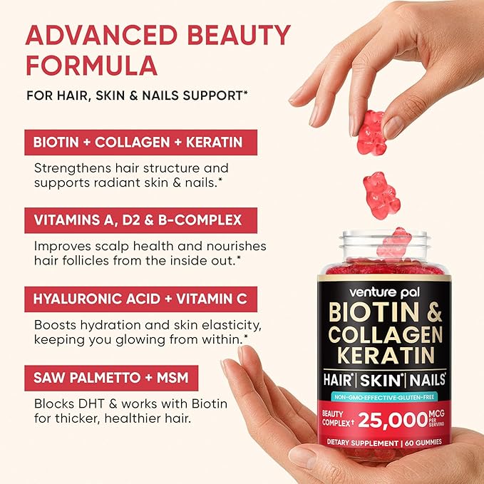 Venture Pal Biotin Gummies with Collagen & Keratin - Hair Growth Support Skin and Nail Strength Vitamins for Women & Men - Biotin 10000mcg | B-Complex | Saw Palmetto - Sugar Free, Non-GMO, 60ct