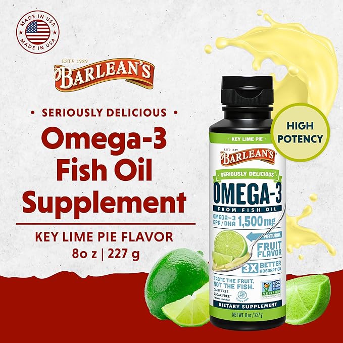 Barlean's Key Lime Pie High Potency Omega 3 Fish Oil Liquid Supplement, 1500mg of EPA& DHA Fatty Acid, Smoothie Flavored & Burpless for Brain, Joint, & Heart Health, 8 oz