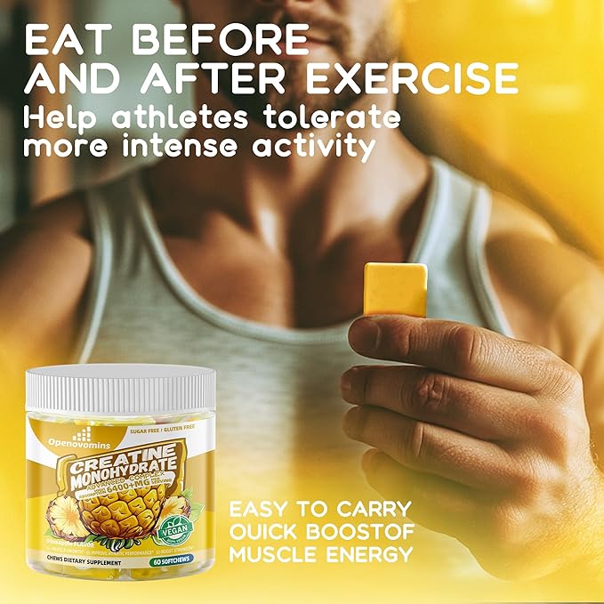 Creatine Monohydrate Soft Chews Complex 6400mg for Men & Women -Advanced Formula W/L-Taurine + Vitamin B12, Sugar Free Chewable Supplement,60 Pineapple Softchews