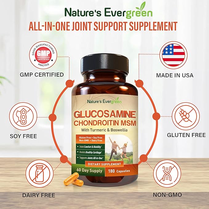 Glucosamine Chondroitin MSM with Turmeric & Boswellia Supplement | Joint Support Supplement Glucosamine Sulfate 1500mg | Joint Health Chondroitin Sulfate MSM Supplement for Women & Men - 180 Capsules