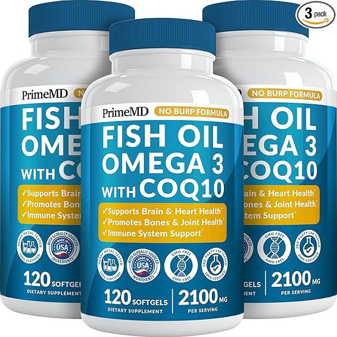 5-in-1 Fish Oil Omega 3 Fatty Supplements (2100mg) - Omega 3 Fish Oil with Vitamins D3 K2 and CoQ10 - Lemon Flavored (120 softgels, Pack of 3)