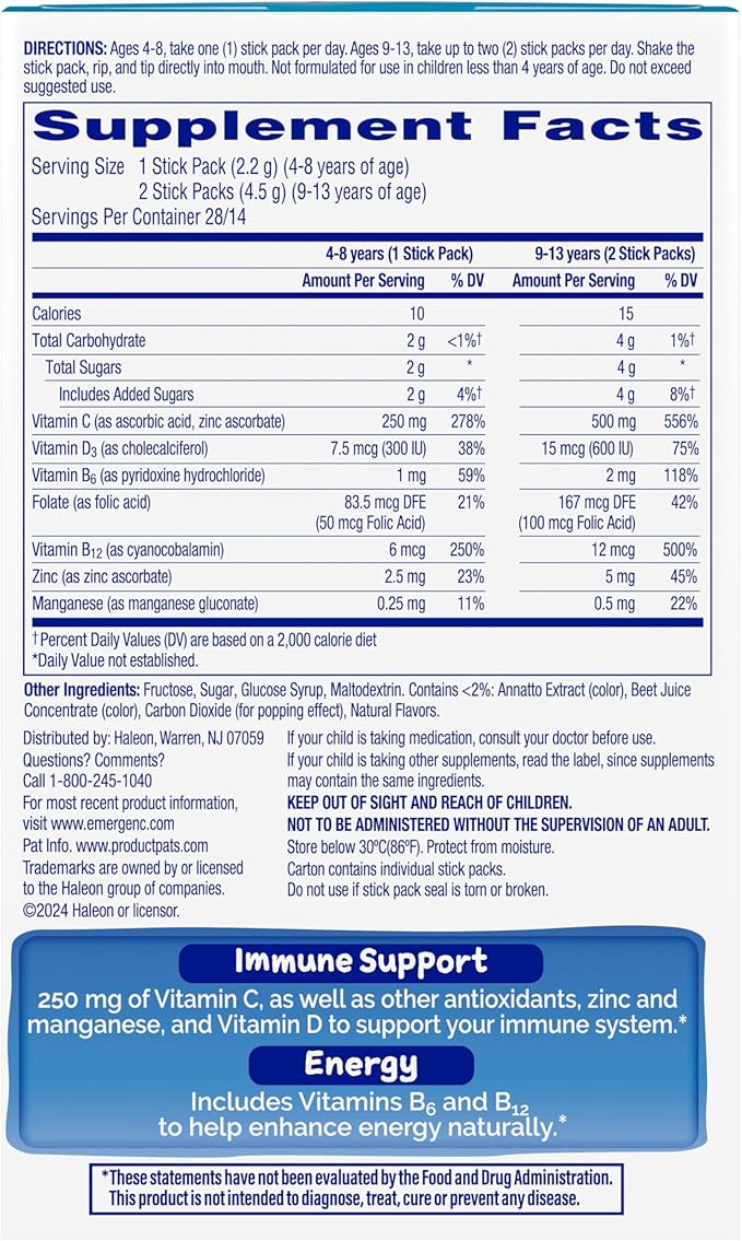 Emergen-C Kidz Immune Plus Crystals, On-The-Go Immune Support Supplement with Vitamin C, Vitamin D, B Vitamins, Zinc and Manganese, Tropical Punch - 28 Stick Packs