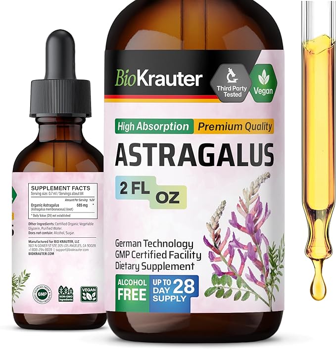 BIO KRAUTER Astragalus Tincture - Astragalus Root Liquid Extract for Immune Support - Alcohol and Sugar Free - High Absorption - Vegan Drops 2 Fl.Oz.
