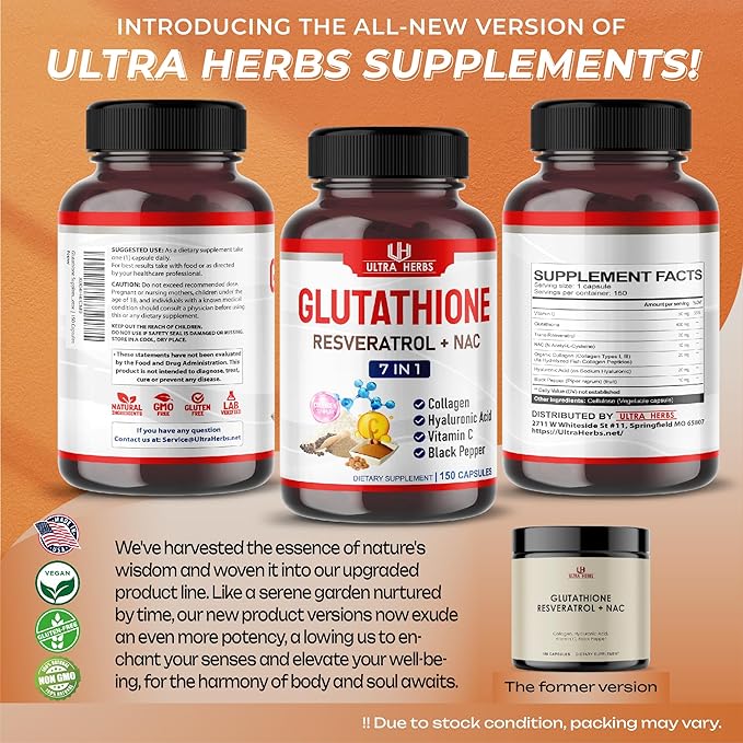 Glutathione Supplement Active Reduced Form, Enriched with Resveratrol, NAC, Collagen, Hyaluronic Acid, Vitamin C - Advanced Antioxidant for Immunity & Detox | 150 Capsules