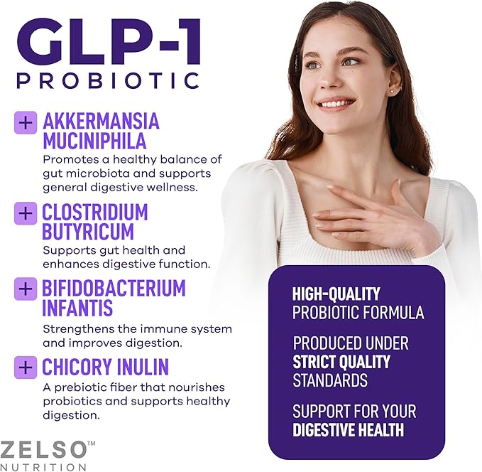 ZELSO (2 Pack) GLP-1 Probiotic with Akkermansia Muciniphila - Gut Health Support with GLP 1 Live Probiotics, 500M CFU Multi-Strain Probiotic + Prebiotic, GLP1 Naturally Plus - 60 Capsules