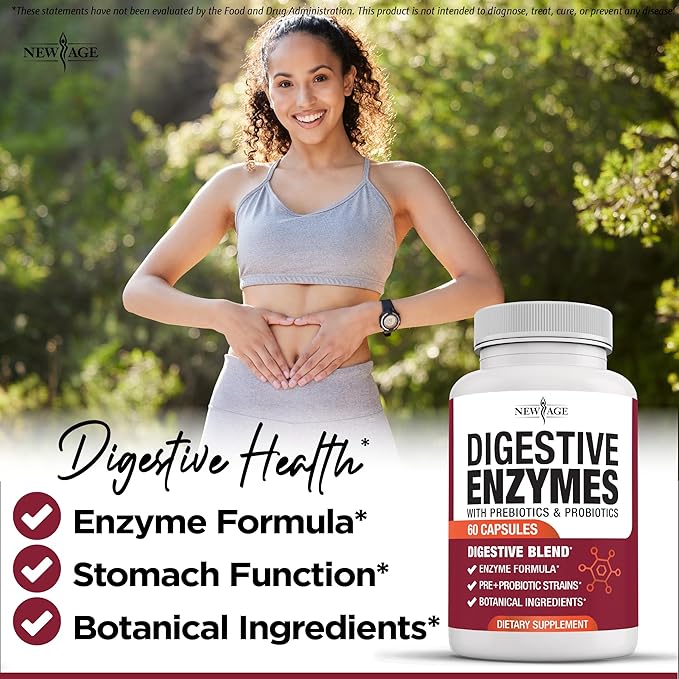 NEW AGE Digestive Enzymes for Gut Health - Probiotic Multi Enzymes with Prebiotics and Probiotics with Lipase for Women and Men for Digestive Health, Daily Enzymes for Digestion - 180 Count